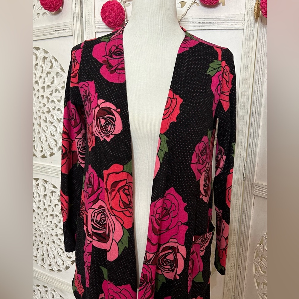 LuLaRoe Caroline Black Soft Cardigan with Red and Pink Roses
